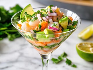 Refreshing Shrimp Avocado Ceviche in Elegant Glass Appetizer Delightful Summer Recipe