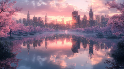 A flooded futuristic cityscape in early spring, surrounded by blooming cherry blossoms, reflecting in crystal-clear waters under a radiant sunrise