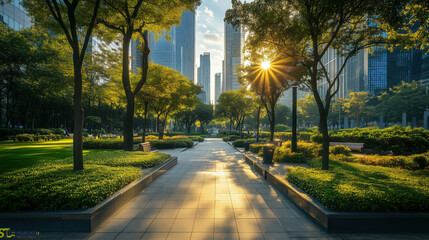 Obraz premium An Urban Park with Wide Walkways, Neatly Trimmed Bushes, and Shaded Seating Areas, Located Amidst Steel and Glass Towers of the City, with Sunlight Filtering Through Trees and Urban Sounds in the Dist
