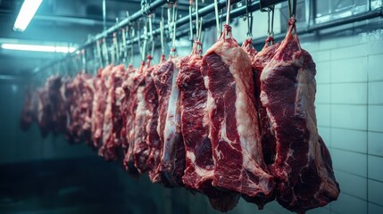 Beef Cuts in Cold Storage, Cattle Processing, Butcher Factory, Meat Industry, Food Chain Production