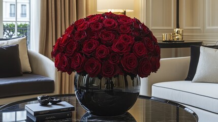 A luxurious bouquet of roses in rich burgundy tones, arranged in a black ceramic vase on a marble table.