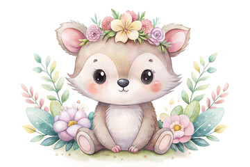 Fototapeta premium Adorable fawn with floral crown.