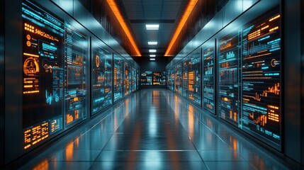 Fototapeta premium Futuristic server room corridor with glowing digital displays.