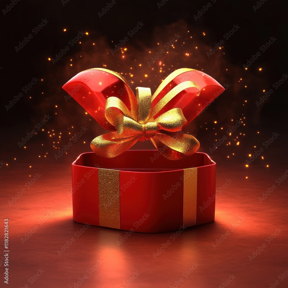 Poster vibrant open red gift box with golden ribbon illuminated in minimalist style with smooth textures an