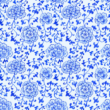 Monochrome blue watercolor style chinoiserie seamless pattern. Ginger jar floral repeat design. Chinese traditional art print.