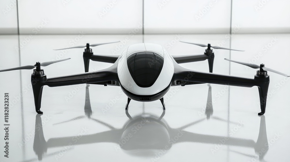 Poster a clean image of futuristic drone technology, with an empty background space for copy.