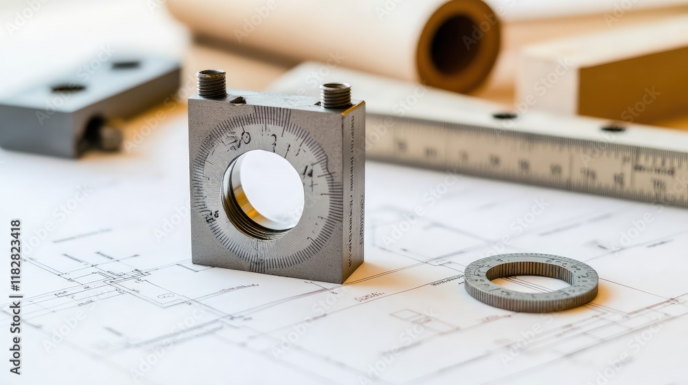 Poster a clean workspace featuring a structural blueprint with measuring tools like a ruler and caliper, of