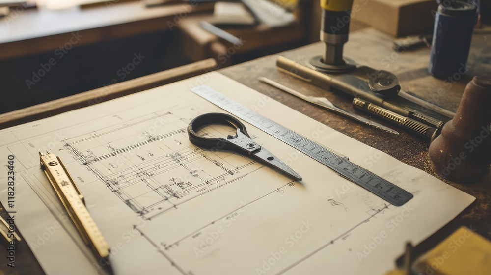 Poster a clean workspace featuring a structural blueprint with measuring tools like a ruler and caliper, of