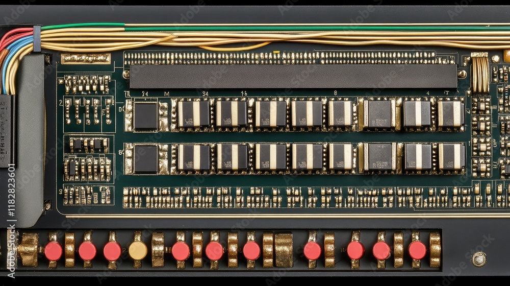 Poster a close-up of an advanced circuit board with microchips and wires, with space to add text.