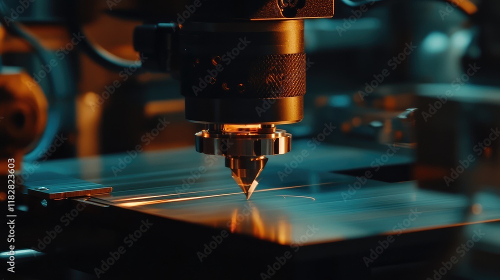 Poster a close-up of an advanced laser cutting machine in action, with clean background space for text.