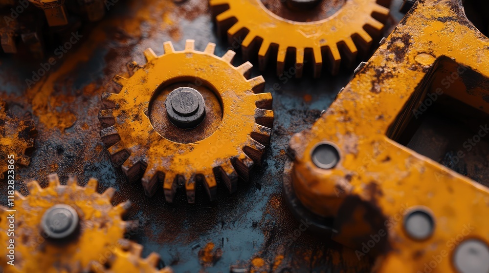 Poster a close-up of a complex gear mechanism with smooth metal texture, showcasing intricate details and a