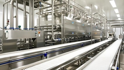 Obraz premium Modern Industrial Food Processing Plant with Stainless Steel Equipment and Conveyor Belts, Ideal for Automation, Manufacturing, and Industrial Production Concepts