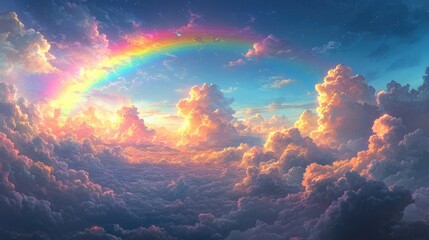 Fototapeta premium Pixel Art Rainbow Landscape with Fluffy Clouds in Soft Pastel Colors
