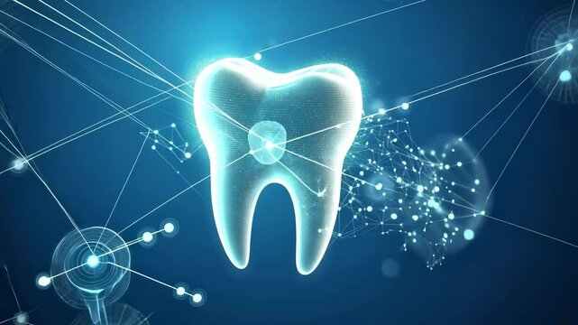 Glowing digital tooth with network connections on blue background, highlighting modern oral technology and dental innovation in dentistry concept