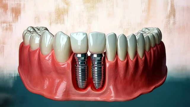 Close-up of dental implants and healthy gums in a restorative dentistry model &ndash; concept of modern dental care