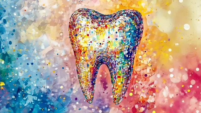Vibrant mosaic tooth on abstract colorful background symbolizing art in dentistry