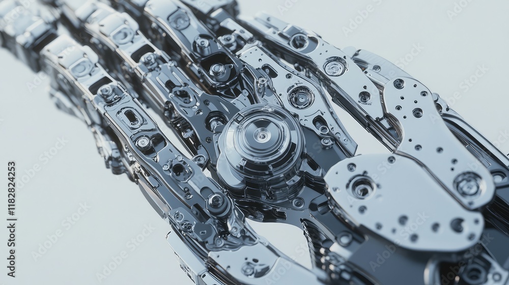 Poster a close-up of a metallic robotic arm part with intricate joints and screws, with negative space abov
