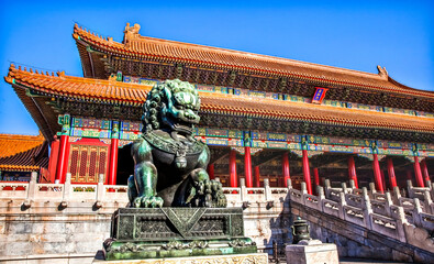Lion statue, Tiananmen Gate, Gugong, Forbidden City, Emperor's Palace, Beijing, China. Chinese says...