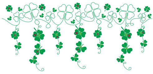 Fototapeta premium Lucky leaf clover vector, border for Irish Patricks day background. Green shamrock leaves, wavy divider isolated on transparent background, vector