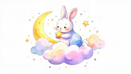 Cute bunny holding a star on fluffy clouds with a crescent moon