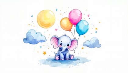 Naklejka premium Cute elephant holding colorful balloons in a whimsical scene