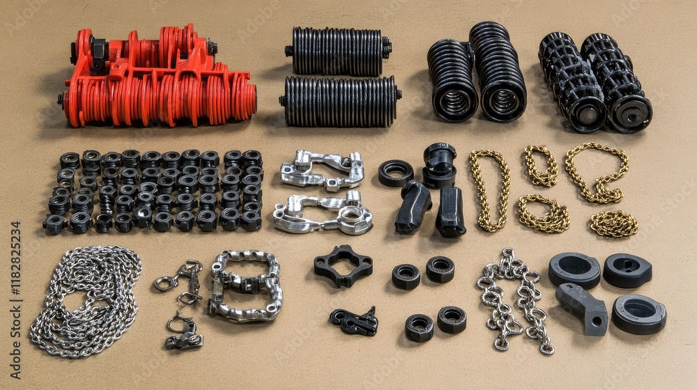 Poster a collection of mechanical engineering components like pulleys, chains, and fasteners arranged on a 