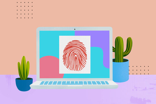 Digital fingerprint on a laptop screen. Security, technology concept