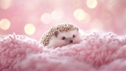 Obraz premium A curious hedgehog exploring a soft blanket, with pastel tones and negative space for text.