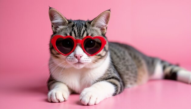 A playful tabby cat posing with red heart sunglasses against a bright pink backdrop, blending humor and whimsy.

