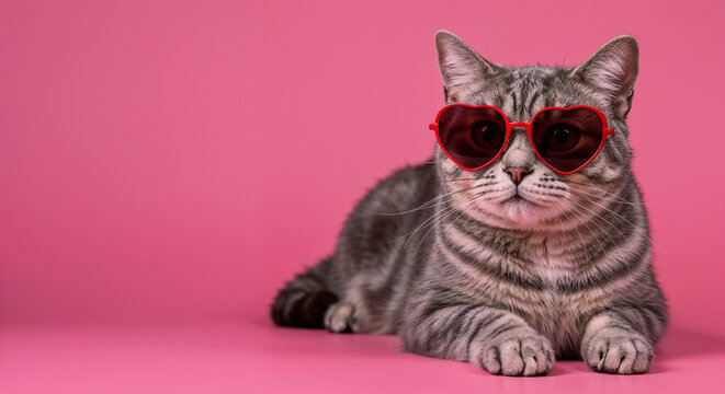 A playful tabby cat posing with red heart sunglasses against a bright pink backdrop, blending humor and whimsy.

