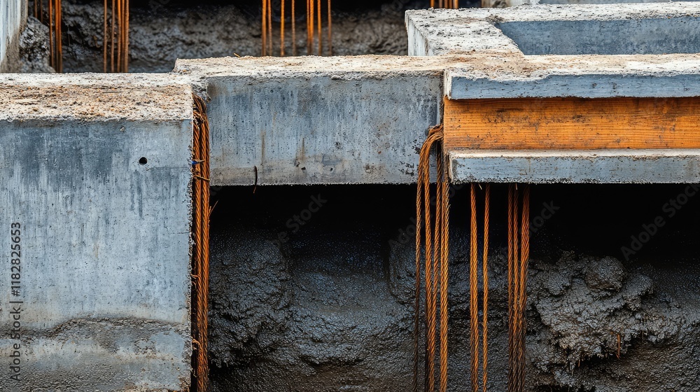Poster a detailed image of concrete foundations with visible forms and rebar, with background space for cop