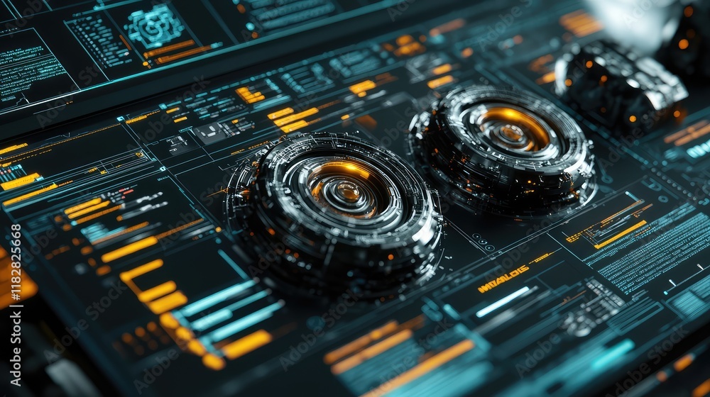 Poster a detailed image of futuristic engines on a workbench, with digital design software open and empty s