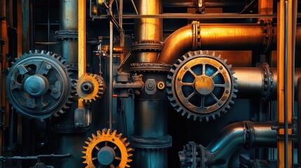 Obraz premium A detailed image of mechanical components like valves, gears, and pipes arranged in a factory setting, with space for text.