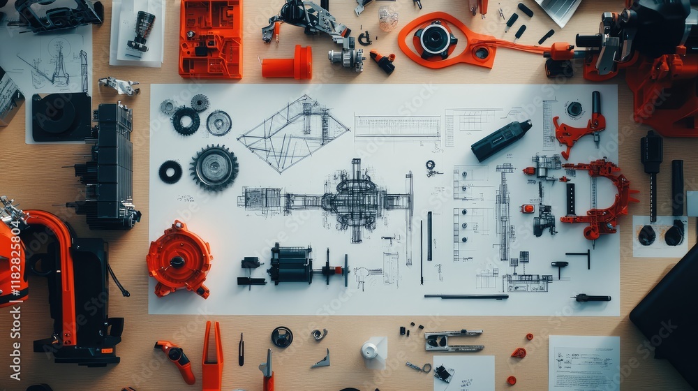 Aufkleber a flat lay of advanced engineering concepts, digital software, and precision tools with room for tex