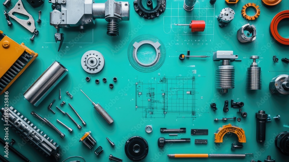 Poster a flat lay of precision mechanical tools and designs on a table, with clear background space for add