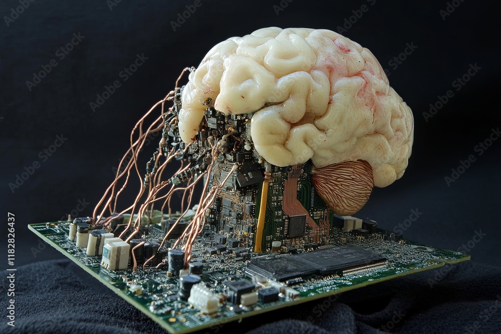 Poster creative fusion of technology and biology shows a brain on a circuit board with wires and components