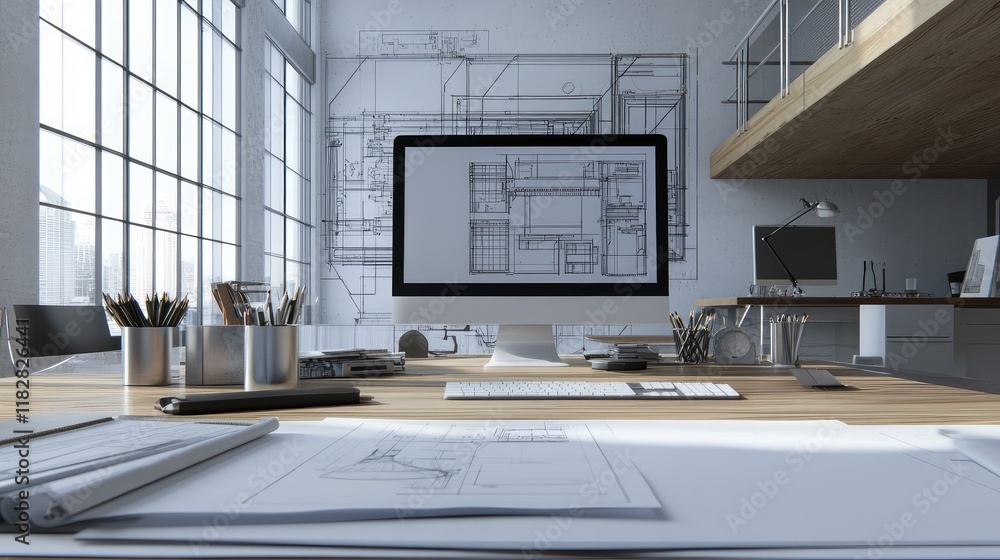 Poster a high-tech engineering workspace with ai-generated designs, surrounded by blank space for copy.