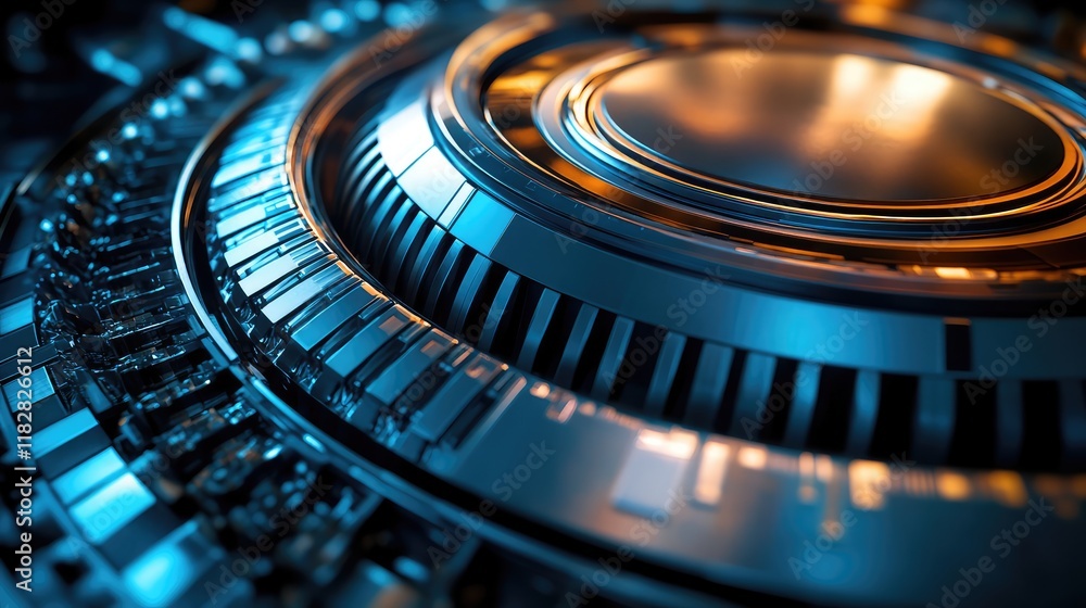 Poster a metallic component such as a motor housing with smooth surfaces and intricate designs, offering sp