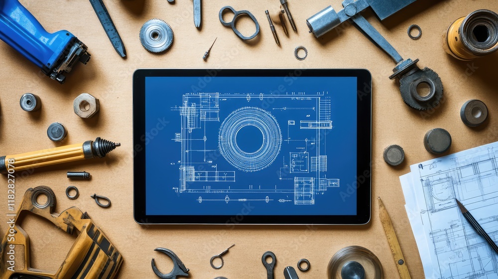 Poster a photo of digital blueprints and schematics displayed on a tablet with surrounding empty space for 