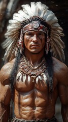 Obraz premium Man in tribal headdress and necklace, outdoors. Portrait for historical or cultural use.