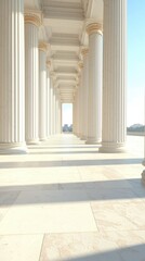 Obraz premium White columns form a long corridor in an outdoor structure with distant city.