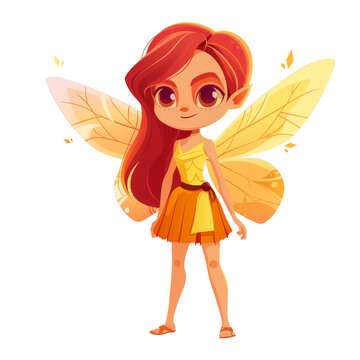 A young fairy with long red hair and yellow wings, wearing a yellow dress, surrounded by small birds.