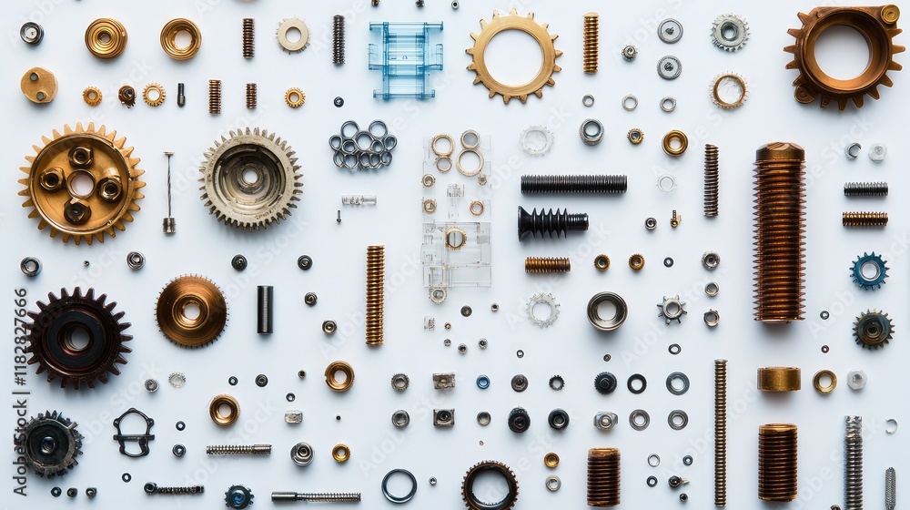 Poster a set of neatly arranged mechanical components such as gears, bolts, and screws on a clean backgroun