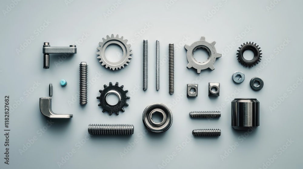 Poster a set of neatly arranged mechanical components such as gears, bolts, and screws on a clean backgroun