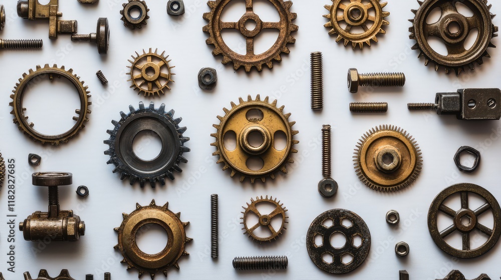 Poster a set of neatly arranged mechanical components such as gears, bolts, and screws on a clean backgroun