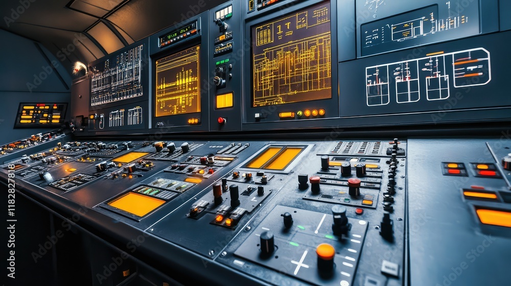 Poster a shot of ai-based control systems operating machinery in an engineering setting, with room for text