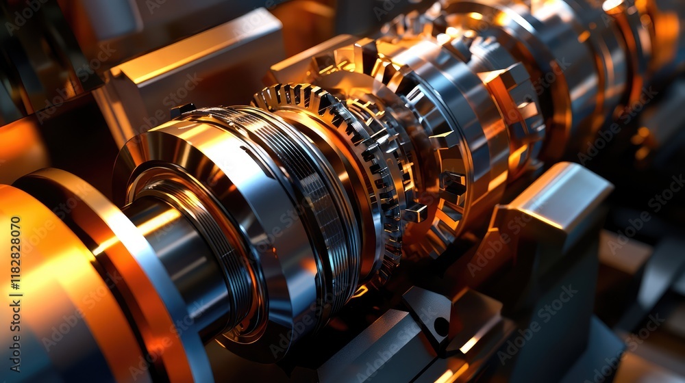 Poster a shot of a mechanical component under close inspection, with digital analysis tools and space for t