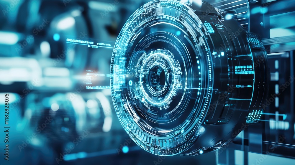 Poster a shot of a mechanical component under close inspection, with digital analysis tools and space for t