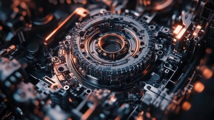 Fototapeta premium A shot of a mechanical component with AI-driven data analytics and digital processing tools around, leaving room for text.