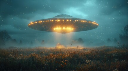 Obraz premium UFO Flying in the Night Sky - Fantasy Landscape